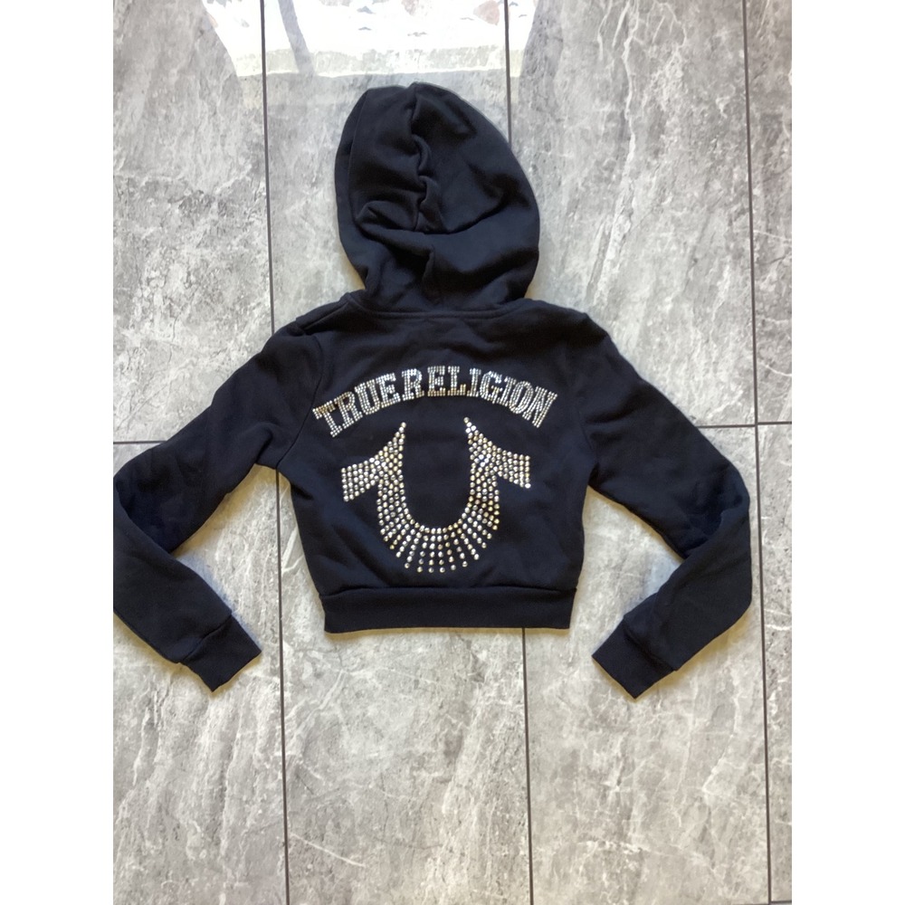 True Religion Womens Black Rhinestone Horseshoe Cropped Zip Up Hoodie XS
